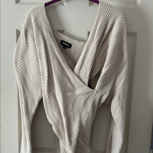 Express Cream Ribbed Wrap V-Neck Sweater